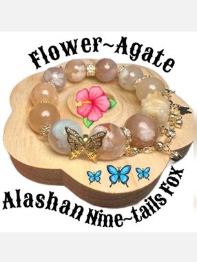 🦊Alashan Nine~tails Fox Flower Agate Bracelet w/Butterfly Charms